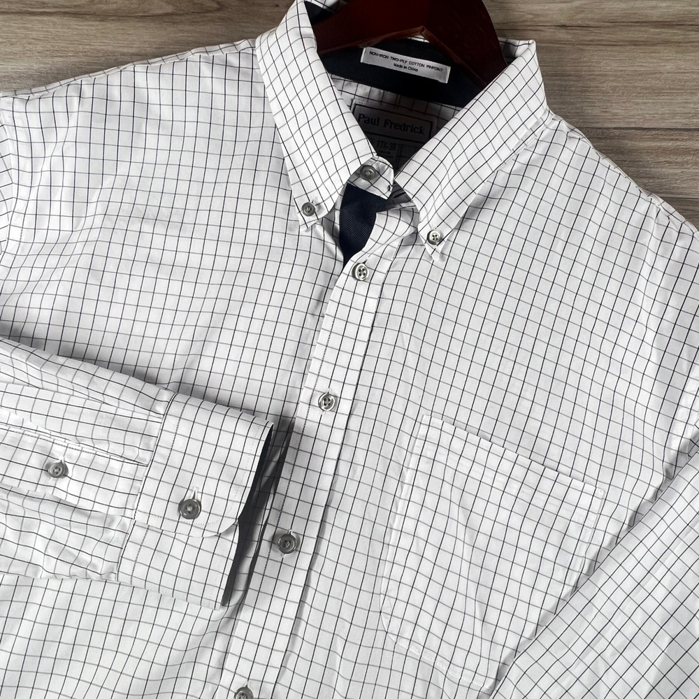 Paul Fredrick Slim Fit Non-Iron Cotton Tattersall Shirt 17.5/36 White Navy